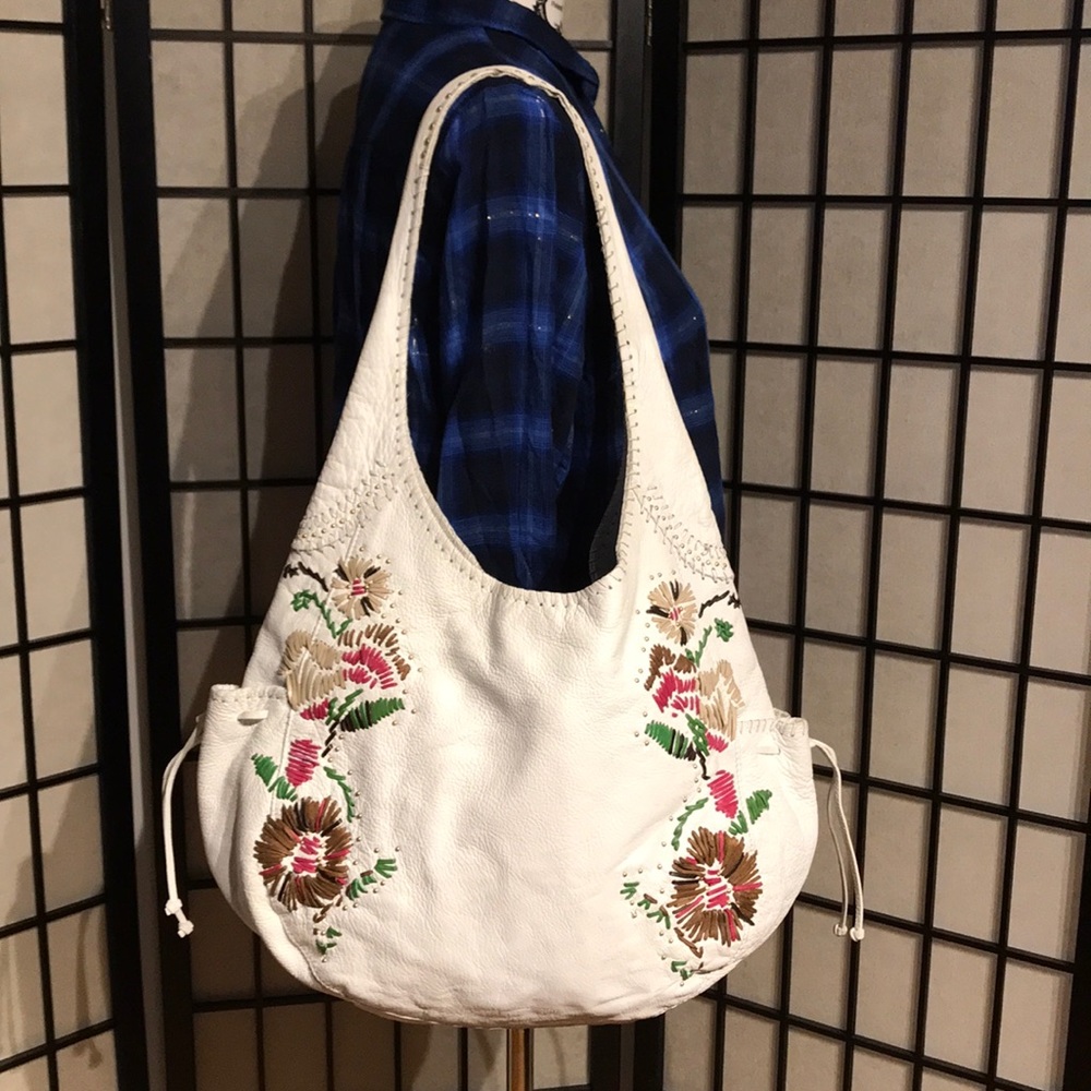 👹Leather Floral Embroidery Boho Western Colorful Cottage hobo vintage satchel